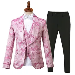 Gwenhwyfar New Fashion Men Wedding Groom Tuxedos Suit Pink Floral Printed Man Suits Costume Homme Blazer Vest Ounsers253s