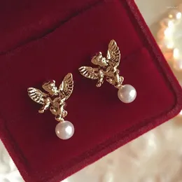 Kolczyki stadninowe Trendy Cupid Angel For Women French Gold Color Cute Pearl Carring God Love Girl