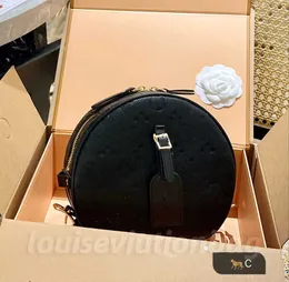 Petite Boite Chapeau Yuvarlak Çapraz Çanta Ayarlanabilir Deri Kayış Orijinal Cowhidw Trim Canvas Messenger Debriyaj Torbası Omuz Çantaları W