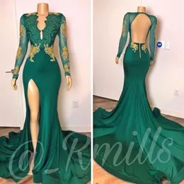 Novos vestidos de baile sexy sem costas sereia mangas compridas caçador verde ouro renda frisado decote em v profundo vestidos de noite para ocasiões especiais296v