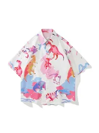 Mäns casual skjortor Sycpman överdimensionerade män Kort ärmskjortor Tryckta överdimensionerade kvinnor Summer Hawaii Dinosaur Beach Shirt 230720