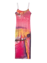 Grundläggande casual klänningar Traf Summer Women Long Print Dress 2023 Elegant Sling Elastic Vestidos ärmlösa utkläder 230720