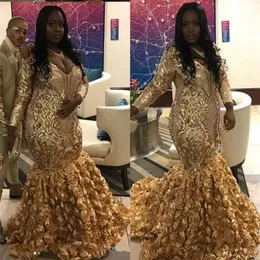 Gold Plus Size African Long Sleeve Evening Dresses V Neck Appliuqes Sequins Flowers Ruffles Mermaid Prom Gowns robes de soiree218E