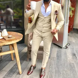 Mens Suits Slim Fit 3 조각 Beige Business Groom Jacket Tuxedos Blazer Suit for Wedding Prom Eveningblazer Pants Vest ZQ2686