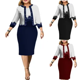 Vestido de duas peças 2pcs/set women vestido casaco curto conjunto fino 3/4 de manga de luva estampa de estampa de casaco de casaco contraste casaco colorido e traje 230720