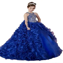 Luxury Royal Blue 2018 Abiti da spettacolo per ragazze Organza Perline di cristallo increspato Principessa Abiti da ballo Festa per bambini Per matrimonio Flower Girl 316g