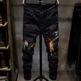 Erkek Jean Pantolon Wind Phoenix Embroidery Jeans Men's Black Slim Small Straight Tube Army Green Hole Red Elastastic Olanals285A