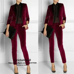 Bourgogne Velvet Women Ladies Pants Passar 2 stycken Mor till bruden passar formell affärskvinnokontor för bröllop J286F