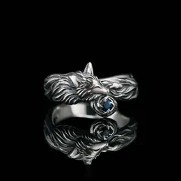 Vintage Silver Plated Fox Ring Blue CZ Stone Rings for Men Women Punk Gothic Party Jewelry Gift Whole2010