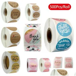 Gift Wrap 500Pcs/Roll 10 Styles Flowers Heart Thank You Adhesive Sticker Scrapbooking Handmade Business Packaging Seal Decoration St Dhzn0