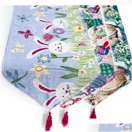 Bordslöpare påsk bomullslinne dutduk Happy Rabbit Egg 200 x35 cm hushållens skrivbordsdekoration Drop Delivery Home Garden Textil Dhwgy