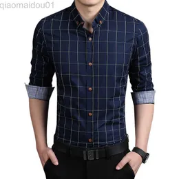 القمصان غير الرسمية للرجال M-5XL 2022 New Spring Autumn Autumn Slim Fit Men Plaid Plaid Slaid Sleeve Mens Red Plaid Cotton Disual Camisas Social Plus L230721