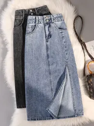 Юбки летняя высокая талия большая джинсовая юбка женская фигура Allmatching Figuling Slit a Line Midlength Fashion 230720