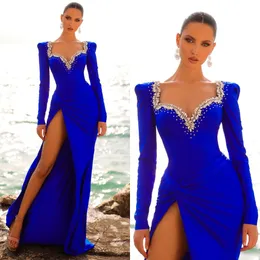 Mermaid Royal Blue Evening Gown V Neck Beads Collar Split Party Prom Dresses Sleeves Sweep Train Formal Long Dress For Red Carpet Special Ocn