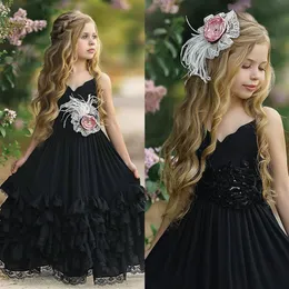 2021 Black Bohemian Flower Girl Dresses For Weddings Chiffon A Line Girls Pageant Dress Floor Length Kids Birthday Communion Dress172o