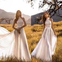 2019 Crystal Design Boho Wedding Dresses Halter Beach Lace Applique Country Wedding Dresses A Line Custom Made Long Bridal Gowns2722