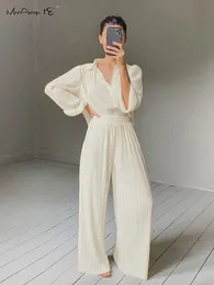 Women's Pants Capris Mnealways18 Beige Pleated Wide Leg Pants Womens Pants Fashion Casual Loose Trousers Office Lady Elegant Long Palazzo Pants 230721