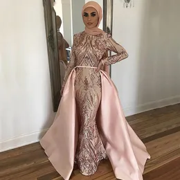 Elegancka różowa różowa syrena muzułmańska hidżab koronkowe sukienki balowe z odejmowanym pociągiem Dubai Dubaj Kobiety noszą formalną suknię wieczorową PA300I