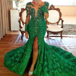 Mermaid Long Sleeves Prom Dresses 2019 Emerald Green Appliques Split Pageant Holidays Graduation Wear Formal Evening Party Gowns P297D