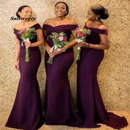 Regency African Off The Shoulder Satin Long Bridesmaid Dresses Ruched Sweep Train Wedding Guest Maid Of Honor Dresses260i