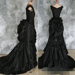 Taffeta Beaded Gothic Victorian Bustle Gown with Train Vampire Ball Masquerade Halloween Black Wedding Dress Steampunk Goth 19th c261p