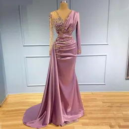 Vestidos de noite sereia roxo claro transparente decote em V com aplicação de miçangas manga longa formal festa de formatura segunda recepção ocasião especial 285g