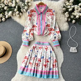 Two Piece Dress Summer Fashion Flower Sets Women's Long Sleeve Lapel Floral Print Shirt Tops + High Waist Pleated Mini Skirt 2 Two Pieces Suit 2023