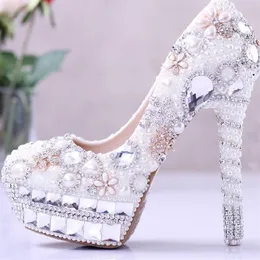 Wunderschöne weiße Perlen- und Strass-Hochzeits-Brautschuhe, Kristall-High-Heel-Schuhe, Aschenputtel-Kugelpumps, große Größe, Weiß und Elfenbein, Co184V