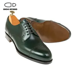 Saviano Brogue Uncle Derby Fashion Genuine Leather Handmade Wedding Party Men Dress Shoes Designer Original