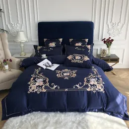 Azul real elegante bordado 60S cetim seda lavada conjunto de cama de algodão capa de edredom roupa de cama lençol com elástico fronhas roupas de cama b2168