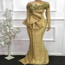 Goden Elegant African Evening Dresses 2021 långa ärmar Sequin Lace Applique Mermaid Formal Dress Aso Ebi Gold Poaded Prom Gowns R329Z