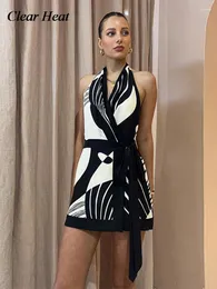 Casual Dresses Black White Print Halter Soe Up Mini Dress for Women Sexig V Neck Sleeveless Backless Vestidos Fashion Causal Summer Robe