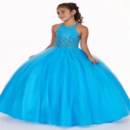 Halter Blue Little Girls Pageant Dress Dange Dance Drinting Gritleding Gowns Crystal Sequint
