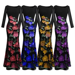 Angel-Fashions Women's Long Sleeve Rose Patterns paljett Black Formal Dress Aftonklänningar Party Prom Gown 396316B