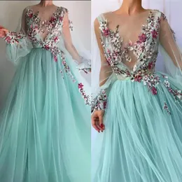 Vestidos de Baile Turquesa 2020 Rendas Aplicadas Linha A Vestido de Noite de Fada Feito sob Medida Vestidos de Ocasião Especial de Manga Longa235Q