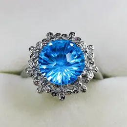 Cluster Rings S925 Silver Inlaid Aquamarine Flower Engagement Ring Luxury Romantic Wedding Accessories Adjustable Opening Ladies Jewelry