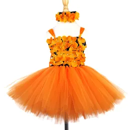女の子のオレンジフラワーペタルチュチュドレスキッズブラッククロシュバレエチュールドレスヘッドバンドの子供ハロウィーンパーティーコスチュームドレス