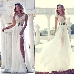 Julie Vino Beach Wedding Dresses A Line Sexy High Split Illusion Beaded Bohemian Bridal Gowns Robe De Mariee260o