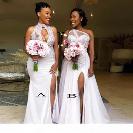 Due stili Nigeria African Mermaid Abiti da damigella d'onore Plus Size Perline Applique Maid Of The Honor Fessura laterale Festa di nozze Wear205M