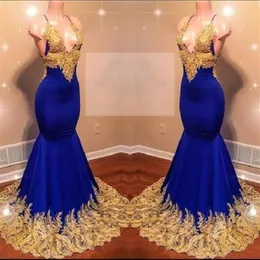 Halter Sexy Prom Dresses African Long Deep V Neck Gold Lace Appliques Royal Blue Cocktail Party Dress Backless aftonklänningar302C