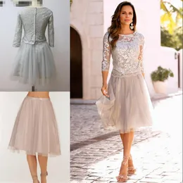 2019 أحدث أم قصيرة لفساتين العروس الدانتيل تول طول الركبة 3 4 الأكمام الطويلة أم فساتين العروس القصيرة.