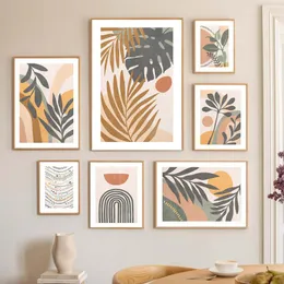 Cornice Boho Foglia astratta Pittura su tela Monstera Arcobaleno Sole Poster Nordic Soggiorno Immagini di arte della parete Stampe per la decorazione domestica