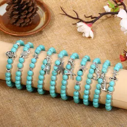 Bohemian Green Turquoise Turtle Butterfly Starfish Volcanic Stone White Pine Natural Chakra Gemstone Bracelets Bangle Jewelry for Women Men