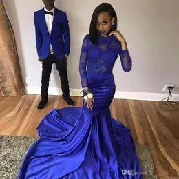 2019 African Royal Blue Mermaid Prom Dresses Abito da festa formale Abito da sera maniche lunghe Illusion Back Sweep Train Prom Gowns295m