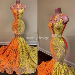 Lange elegante Ballkleider 2022 Sheer O-Ausschnitt Orange und Gelb Pailletten Afrikanische Frauen Schwarze Mädchen Meerjungfrau Abendkleider Partykleider DD2537