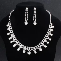 2022 Bling Peals Set di gioielli da sposa Collana in argento placcato bianco Orecchini di perle Set di gioielli da sposa per la sposa Damigelle d'onore donne2268