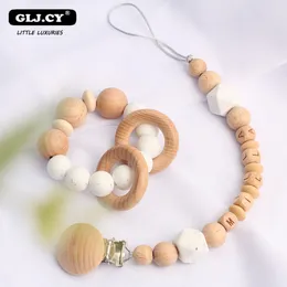 Bebek dişler oyuncaklar bebek emzik zinciri kişiselleştirme adı silikon boncuk kayın klipler çiğnenebilir ahşap teether tutucu zincir bebek çıngırak oyuncakları Set Hediyeleri 230721