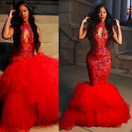 2021 بالإضافة إلى الحجم العربي Aso ebi Red Mermaid Sexy Prom Dresses Lace High Neck Evening Party Second Orvice Dress ZJ202270O