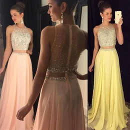 New Cheap Illusion Due pezzi Prom Dresses Gioiello collo giallo pesca chiffon lungo perline di cristallo 2 pezzi aperto indietro vestito da partito Eveni238y