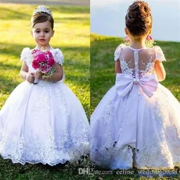 Country Flower Girl Dresses Ball Gown Jewel Cap Sleeve Floor Length Girls Pageant Dresses With Lace Applique Bow for Wedding Party286U